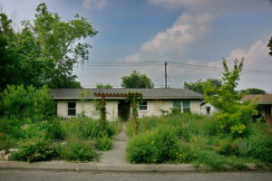 This image is a front View of the June 2023 Yard of the Month located at 1414 Ridgemont Dr. Described as a pocket Prairie, you are greeted with a wood pergola over the walkway. It is surrounded by colorful Texas natives and Pollinators. The house has a stone pathway which leads you to the front door and curves around several flower beds.