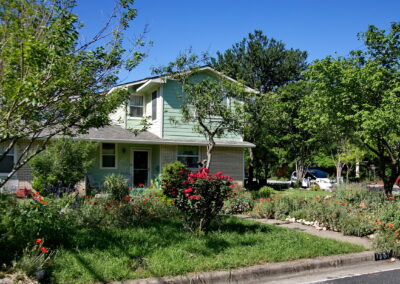 This image depicts the front of the May 2023 yard of the month located at 1501 Corona. It shows various beds of red poppies, painted daisies, and red knockout roses.