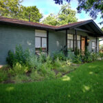A view of the left side of house with large shaded flower bed. The bed has a white Turk's cap bush, white salvia, white lantana, and black foot daisies. There is also blue and red salvia greggi mixed throughout.