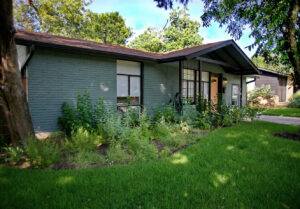 A view of the left side of house with large shaded flower bed. The bed has a white Turk's cap bush, white salvia, white lantana, and black foot daisies. There is also blue and red salvia greggi mixed throughout.