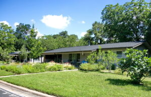 A left side curb view of 1802 Corona Dr. The image displays a medium size Fig Tree in the middle of a yard of grass as well as a small Desert Willow.