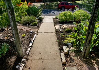 An image taken from the perspective of the front porch looking out into the yard. It shows the sidewalk leading to the street with beds of agave, salvia, cannas, and yellow daisies lining the sidewalk.