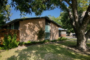 This image shows the shade area against the left side of home. You'll find a steel container box across the width of the peach brick house. It contains Fastia Japonica, lirope grasses, a small Japanese maple, and river fern. There is also a large Turks cap with small red flowers planted to the right side of container box.