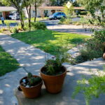 Flower pots with succulents line the sidewalk leading up to the front door.