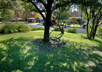 A swing hangs invitingly off the branch of a shade tree.