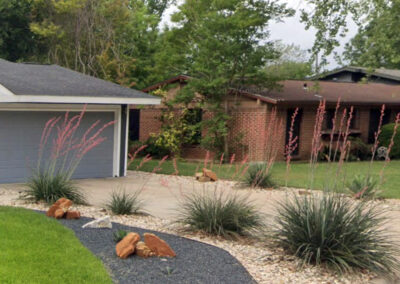 This a view of the drive way which is lined with curved beds of white rock and includes several blooming coral yuccas. The yuccas bloom tall arching stalks with coral flowers which attract hummingbirds.