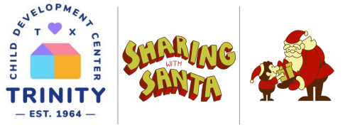 Trinity Child Development Center Logo, Sharing with Santa logo, cartoon of a child giving a gift to Santa