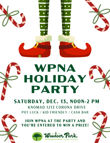 Elf Feet and Candy Canes around the words "WPNA Holiday Party Saturday, December 13, Noon until 2 pm Knomad Bar