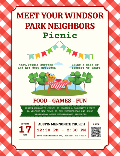 Sunday May 17 at the Austin Mennonite Church 12:30 PM until 2:30 PM at 5801 Westminster Drive, Austin, Tx 78723