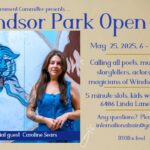 Caroline Sears in front of a Tiger mural. Text announcing the Windsor Park Open Mic on May 25 from 6 until 9 pm calling all poets musicians, storytellers, and actors and magicians of Windsor Park, 5 minute slots, kids welcome Location 6406 Linda Lane 78723 Bring your own beverage and food, questions contact internationalrain@yahoo.com